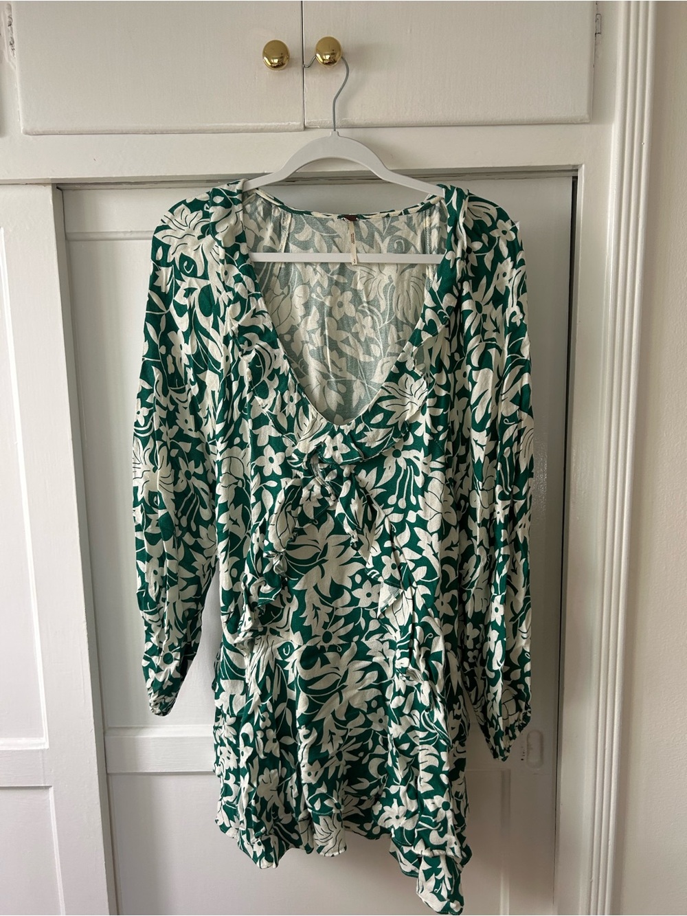 Free People Green and White Floral Long Sleeve Mini Dress